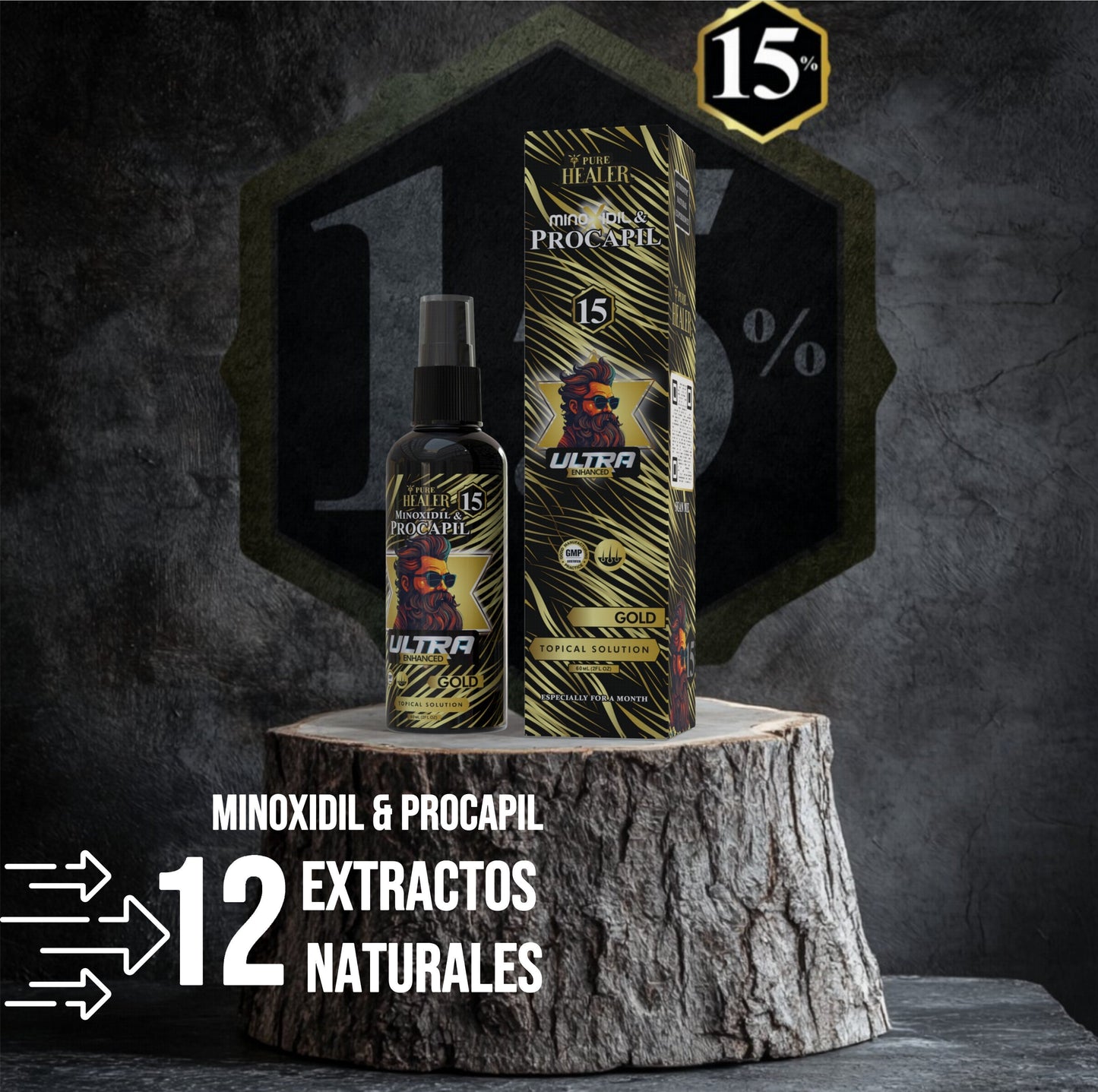 Minoxidil Gold 15% Cabello y Barba Ultra Mejorado / 60ML