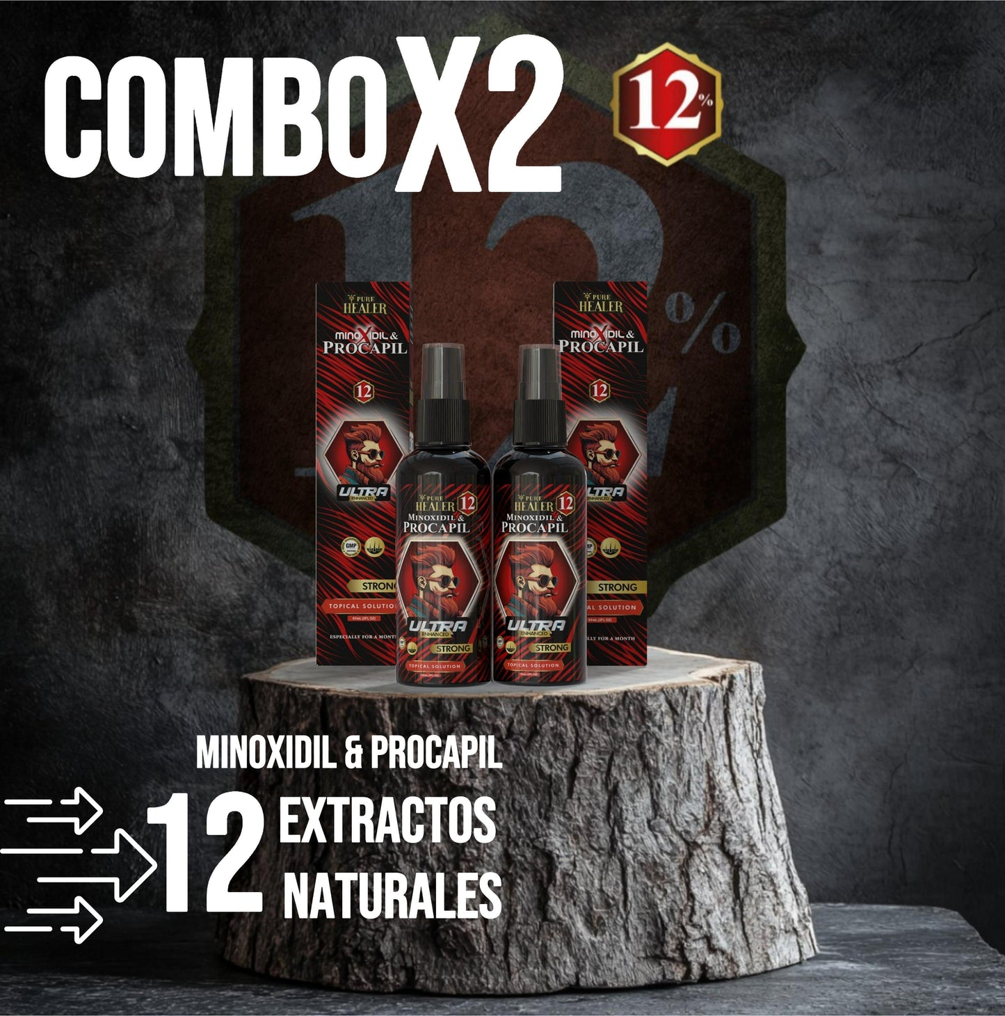 Minoxidil Strong X2 12% Cabello y Barba Ultra Mejorado / 60ML